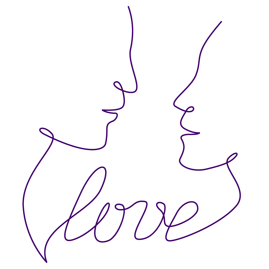 Purple outline of two faces with love written in between