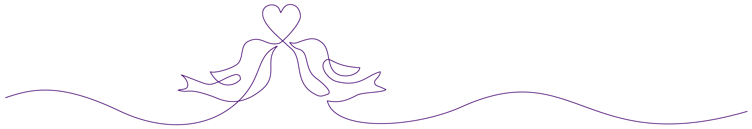 Purple outline graphic of two birds holding a heart
