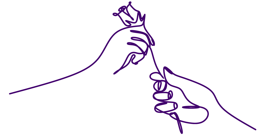 Black outline graphic of two hands holding a rose