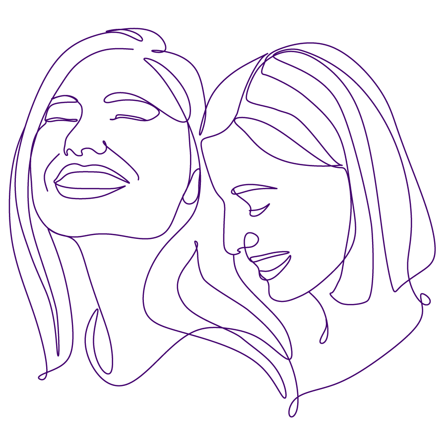 Purple outline graphic of two women's heads