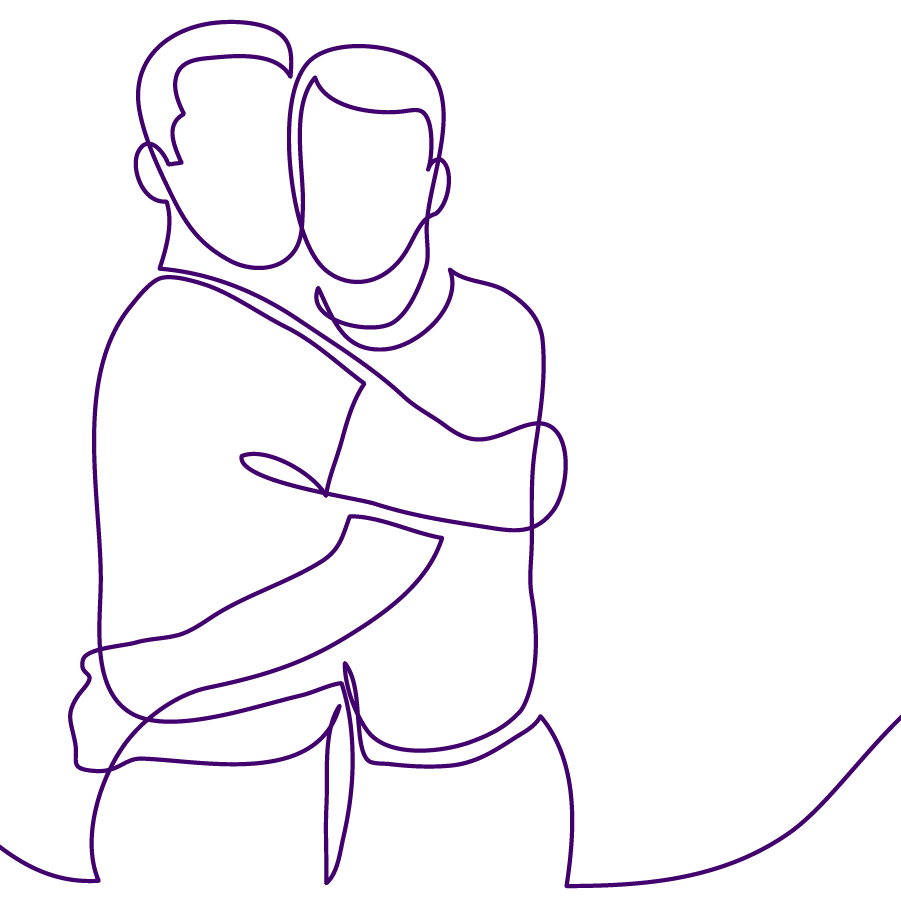 Purple outline graphic of a faceless male couple hugging